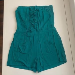 Teal strapless romper with pockets